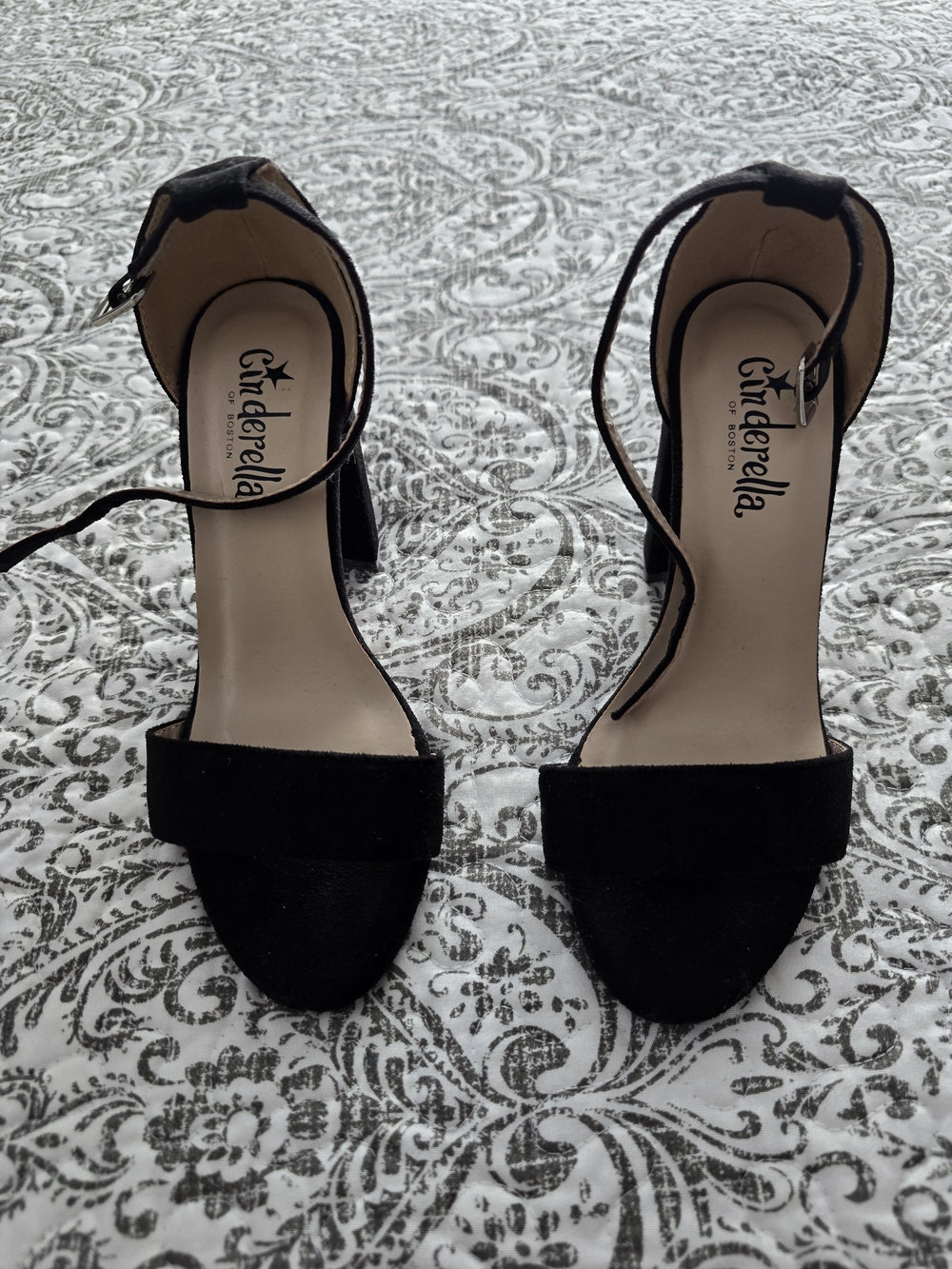 Cinderella Black Suede Ankle Strap Block Heel Sandals